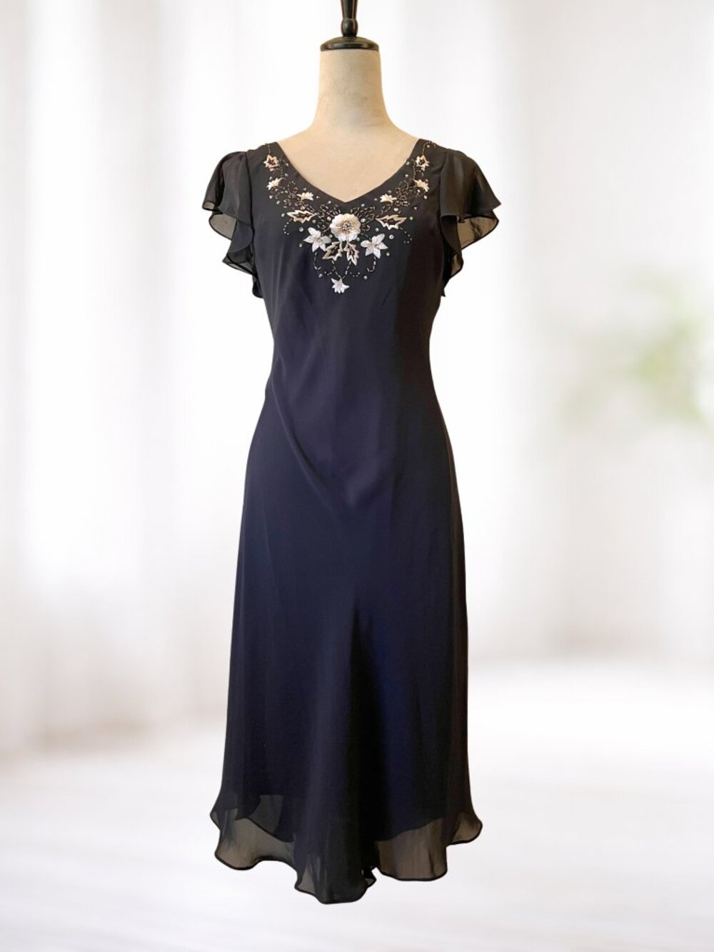 SL Fashions Black Flowy V Neck Midi Dress 8, Wedding Guest or Cocktail Party